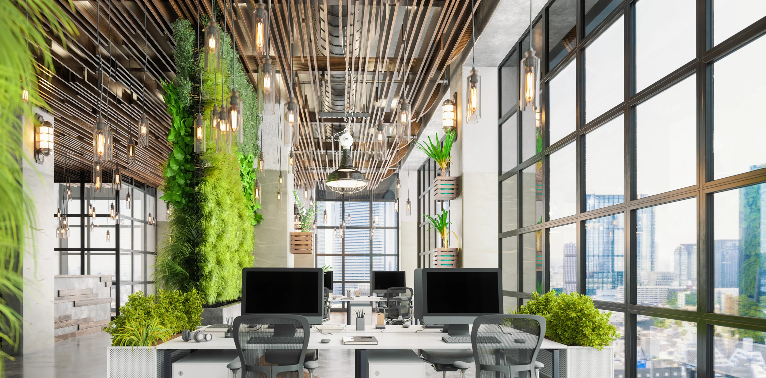 hall d'accueil moderne avec petites plantes sur des tables